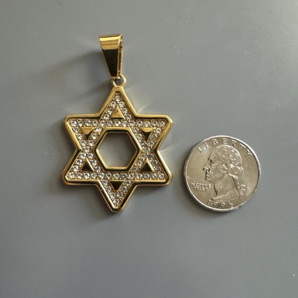 Stainless Steel Jewish Faith Star of David Necklace Bar Mitzvah Gold Zirconia - Picture 3 of 6